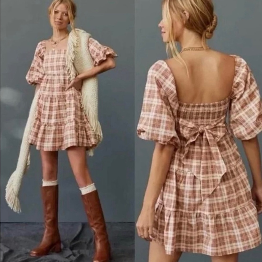Faithful The Brand Eryn Brown Gingham Puffed Sleeves Plaid Dress Medium M